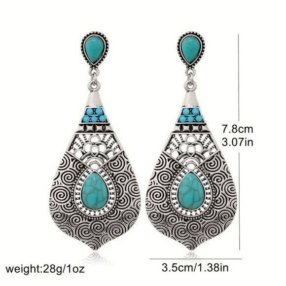 Bohemian Western Teardrop Turquoise Dangle Earrings - Picture 4 of 6